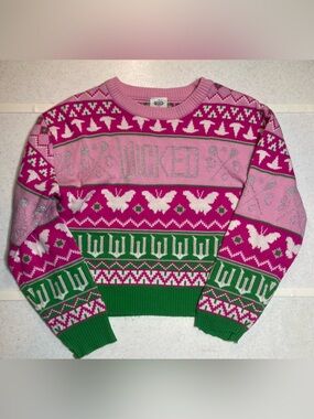 Wicked Pink & Green Universal Studios Sweater Girls L 10-12 distressed sleeves